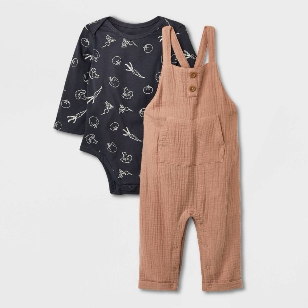 Grayson Collective Veggies Gauze Bodysuit Overalls Set 12MO